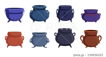 Empty cartoon witch cauldrons. Vintage copper pots for alchemy, witchcraft or cooking on fire flame. Halloween elements, magic, medieval kitchen tools, vector set Empty cartoon witch cauldrons. Vintage copper pots for alchemy, witchcraft or cooking on fire flame. Halloween elements, magic, medieval kitchen tools, vector set 139936201
