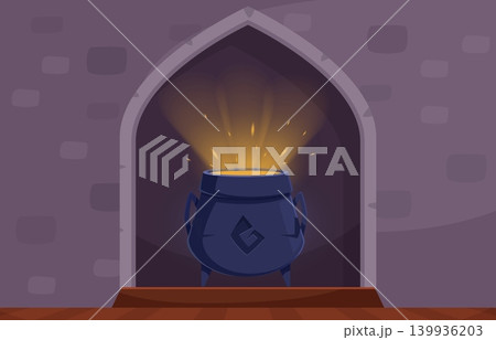 Cartoon poison cauldron with sparkle splash. Magic academy, witchcraft school. Witch metal pot with bubbling liquid, Fantasy halloween vector scene Cartoon poison cauldron with sparkle splash. Magic academy, witchcraft school. Witch metal pot with bubbling liquid, Fantasy halloween vector scene 139936203