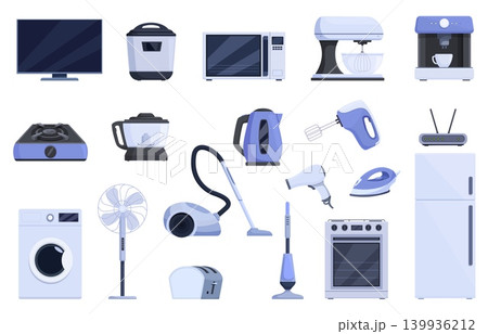 Cartoon home devices. Kitchen appliances, smart electrical devices for household. Iron, vacuum cleaner, fan, fridge, wifi router, toaster and tv, sapid vector clipart Cartoon home devices. Kitchen appliances, smart electrical devices for household. Iron, vacuum cleaner, fan, fridge, wifi router, toaster and tv, sapid vector clipart 139936212