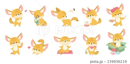 Fennec fox characters. Adorable african foxes different activities, reading book, play with butterfly, meditation. Funny children animal mascots, nowaday vector set 139936219