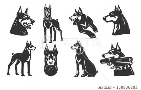 Doberman. Aggressive dog stylized illustration recent vector template pictures for identity design projects 139936283