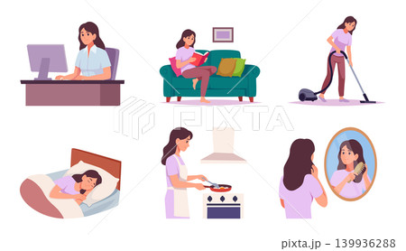 Woman routine vector. Female daily lifestyle scenes with work, shopping, jogging and relaxing moments in modern exact style Woman routine vector. Female daily lifestyle scenes with work, shopping, jogging and relaxing moments in modern exact style 139936288