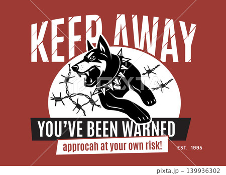 Guard dog. Vector poster set with aggressive doberman symbols warning typography and security badge elements Guard dog. Vector poster set with aggressive doberman symbols warning typography and security badge elements 139936302