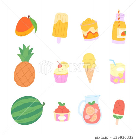 Sweet fruits desserts. Exotic juicy mango, watermelon and pineapple. Tasty ice cream and popsicles, cupcake, juice and lemonade. Seasonal tropical vector clipart Sweet fruits desserts. Exotic juicy mango, watermelon and pineapple. Tasty ice cream and popsicles, cupcake, juice and lemonade. Seasonal tropical vector clipart 139936332