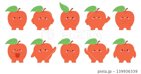 Funny red apples characters. Groovy apple different emotions. Fruit happy, laughing, joy, hold heart, greetings, indignant. Food mascots, stickers vector design 139936339