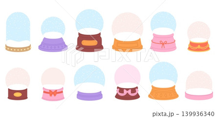 Empty snow globes. Cartoon glass spheres with snow and snowfall. Christmas decorations, New Year, winter seasonal holidays decor, vector set Empty snow globes. Cartoon glass spheres with snow and snowfall. Christmas decorations, New Year, winter seasonal holidays decor, vector set 139936340