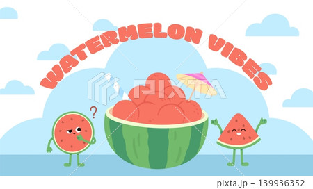 Cartoon watermelon banner template. Summer seasonal fruits, vegan juicy sweet nutrition. Tasty fresh food, healthy dessert, watermelons balls and vector characters Cartoon watermelon banner template. Summer seasonal fruits, vegan juicy sweet nutrition. Tasty fresh food, healthy dessert, watermelons balls and vector characters 139936352