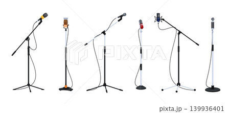 Cartoon stand microphones. Vintage mic stick and modern mike for music studio record, stage performance radio sing song recording vocal karaoke set qualitative vector illustration Cartoon stand microphones. Vintage mic stick and modern mike for music studio record, stage performance radio sing song recording vocal karaoke set qualitative vector illustration 139936401