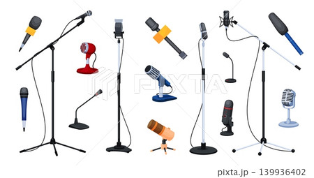 Cartoon microphones. Stand studio mic, record sing radio equipment podcast audio voice sound media music karaoke performance vocal isolated mike qualitative vector illustration 139936402