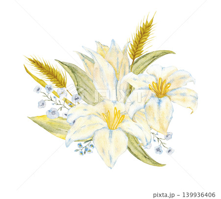 White lily bouquet with golden wheat ears and baby breath for floral background, decorative arrangement and invitation stationery design. For first communion, wedding, baptism greeting card. Isolated White lily bouquet with golden wheat ears and baby breath for floral background, decorative arrangement and invitation stationery design. For first communion, wedding, baptism greeting card. Isolated 139936406