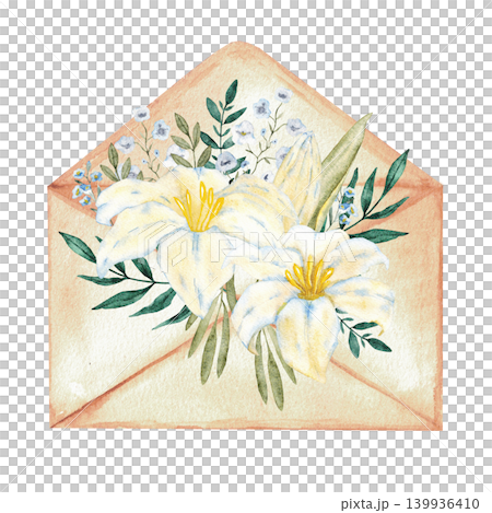 Watercolor envelope filled with white lilies and blue wildflowers for wedding invitation stationery background and greeting card design. For first communion, baprism. Hand drawn. Isolated Watercolor envelope filled with white lilies and blue wildflowers for wedding invitation stationery background and greeting card design. For first communion, baprism. Hand drawn. Isolated 139936410