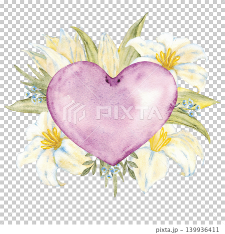 Purple heart with white lilies and green foliage watercolor floral emblem for romantic greeting card wedding logo and background design. For first communion, baptism invitation. Hand drawn. Isolated 139936411