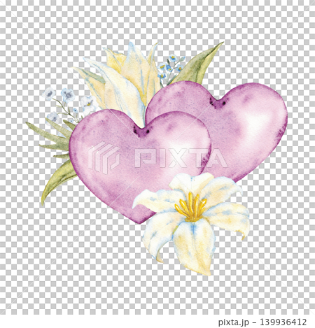 Romantic watercolor double heart floral composition with white lilies for valentine wedding card background and greeting design. Hand drawn. White lily and two hearts. Isolated Romantic watercolor double heart floral composition with white lilies for valentine wedding card background and greeting design. Hand drawn. White lily and two hearts. Isolated 139936412
