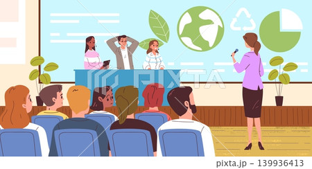 Ecological conference. Eco press conference, sustainable environment media forum speaker microphone stage audience climate world summit congress event classy vector illustration Ecological conference. Eco press conference, sustainable environment media forum speaker microphone stage audience climate world summit congress event classy vector illustration 139936413