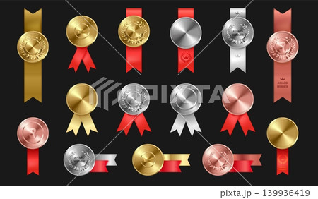 Realistic medals ribbon. Gold medal with ribbons, 3d award badge silver bronze prize winner trophy champion achievement 1st place certificate set isolated exact vector illustration Realistic medals ribbon. Gold medal with ribbons, 3d award badge silver bronze prize winner trophy champion achievement 1st place certificate set isolated exact vector illustration 139936419