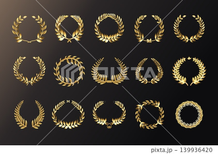 Realistic golden laurel. 3d gold wreath, victory award laurels champion prize first place wheat olive leaves winner trophy ceremony crown design isolated exact vector illustration Realistic golden laurel. 3d gold wreath, victory award laurels champion prize first place wheat olive leaves winner trophy ceremony crown design isolated exact vector illustration 139936420