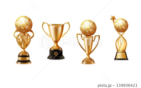 Soccer gold cup. Realistic golden football ball trophy cup sport team champion award winner prize league win ceremony best player championship 3d isolated exact vector illustration Soccer gold cup. Realistic golden football ball trophy cup sport team champion award winner prize league win ceremony best player championship 3d isolated exact vector illustration 139936421