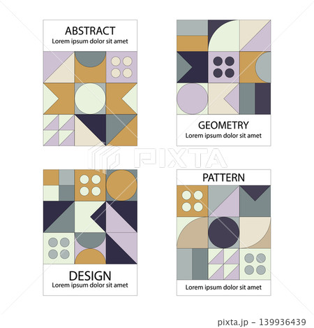 Abstract geometric cover set in Bauhaus style, minimalist card templates with retro shapes, pastel vector poster design. 139936439