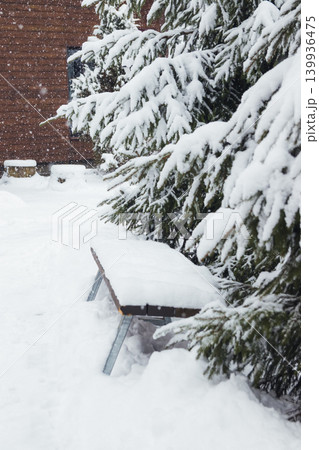 A snowstorm in the mountains sweeps up wooden banches and houses. Wooden banches and Christmas trees in the snow. Carpathians. Ukraine A snowstorm in the mountains sweeps up wooden banches and houses. Wooden banches and Christmas trees in the snow. Carpathians. Ukraine 139936475