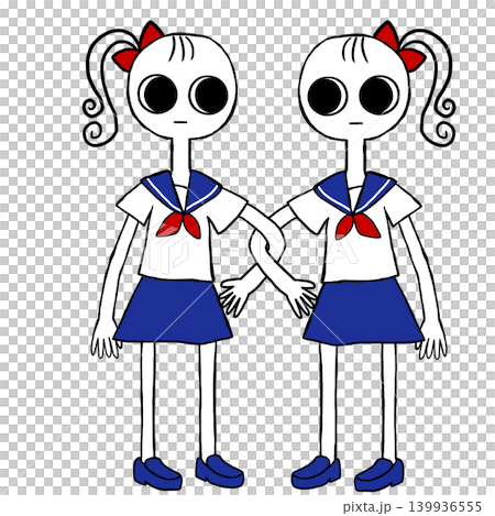 兩個身穿水手服的女孩手牽手。 兩個身穿水手服的女孩手牽手。 139936555