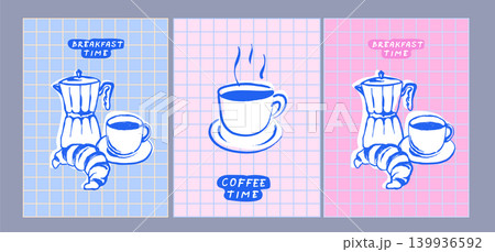 Vintage Coffee Poster Collection with Retro Illustrations of Espresso Cups, Moka Pots, Milk, and Roasted Beans in Minimalist Style Vintage Coffee Poster Collection with Retro Illustrations of Espresso Cups, Moka Pots, Milk, and Roasted Beans in Minimalist Style 139936592