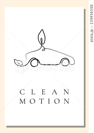 A minimalist poster features a car drawn with a single continuous line on a white background. Leaves are integrated into the design, symbolizing eco friendly transportation and clean energy. 139936598