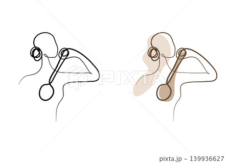 A minimalist continuous line drawing shows a person brushing back. They are using a long-handled brush, reaching behind their back. 139936627