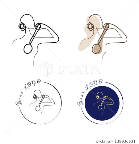 A minimalist continuous line art drawing of a female figure holding an elegant long handled brush. The design variations include solid color fills and circle logos on a white background. 139936631