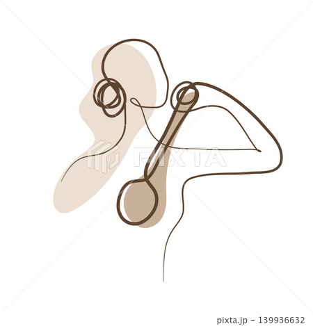 A continuous line drawing shows a woman from behind, brushing her upper back with a long handled scrubber. She reaches over her shoulder, engaging in a moment of personal hygiene. A continuous line drawing shows a woman from behind, brushing her upper back with a long handled scrubber. She reaches over her shoulder, engaging in a moment of personal hygiene. 139936632