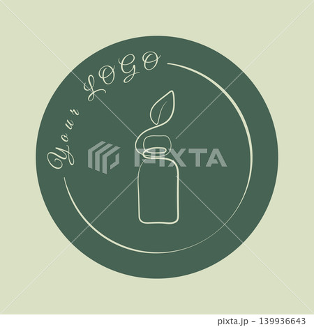 A minimalist logo displays a single white line forming a bottle with a leaf on top. This design sits within a dark green circle, which also shows Your Logo in cursive text. A minimalist logo displays a single white line forming a bottle with a leaf on top. This design sits within a dark green circle, which also shows Your Logo in cursive text. 139936643