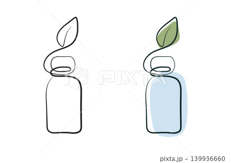 Two stylized bottles are depicted using a single continuous line art technique. One bottle is a black outline. The other has soft blue and green color fills. 139936660