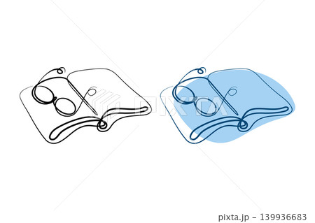Two continuous line drawings show open books with eyeglasses. One drawing is a simple black outline. The other has dark blue lines and a light blue background shape. Two continuous line drawings show open books with eyeglasses. One drawing is a simple black outline. The other has dark blue lines and a light blue background shape. 139936683