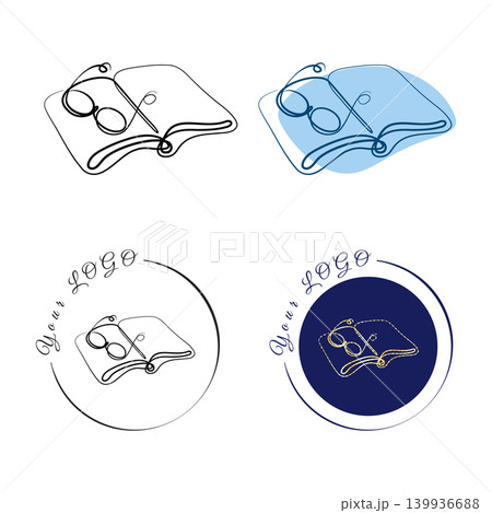 Four graphic concepts feature an open book and eyeglasses in continuous line art. 139936688