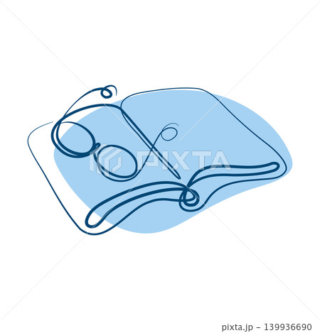 An open book and a pair of reading glasses are rendered in a continuous line art style on a white background. An open book and a pair of reading glasses are rendered in a continuous line art style on a white background. 139936690