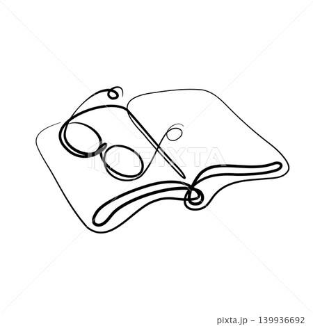 A single continuous black line renders an open book and a pair of reading eyeglasses. They are placed on a clean white background, symbolizing study, knowledge, and quiet contemplation. A single continuous black line renders an open book and a pair of reading eyeglasses. They are placed on a clean white background, symbolizing study, knowledge, and quiet contemplation. 139936692