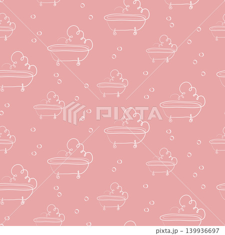 Repeating pattern with white line art bathtubs and many bubbles on a pink background. This whimsical design creates a fun and clean look, perfect for a child's room or bathroom decor. Repeating pattern with white line art bathtubs and many bubbles on a pink background. This whimsical design creates a fun and clean look, perfect for a child's room or bathroom decor. 139936697