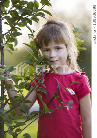 Cute pretty child girl with gray eyes and long blond hair smiling shyly holding young tree on blurred sunny summer bokeh background. Beauty, dreams and innocence of childhood, love to nature concept. Cute pretty child girl with gray eyes and long blond hair smiling shyly holding young tree on blurred sunny summer bokeh background. Beauty, dreams and innocence of childhood, love to nature concept. 139936698
