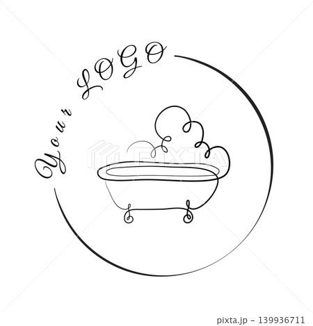 An elegant continuous line drawing of a clawfoot bathtub, complete with rising steam, sits within a perfect circle. An elegant continuous line drawing of a clawfoot bathtub, complete with rising steam, sits within a perfect circle. 139936711