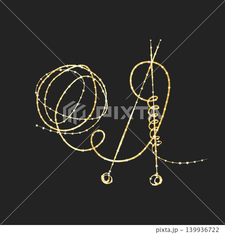 Abstract golden line art depicts wool against a dark backdrop. The bright, luminous lines sparkle with star-like segments, forming elegant coils and loops in a stylized design. Abstract golden line art depicts wool against a dark backdrop. The bright, luminous lines sparkle with star-like segments, forming elegant coils and loops in a stylized design. 139936722
