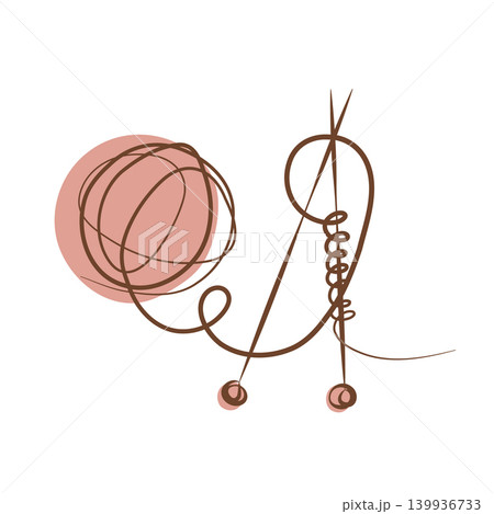 A minimalist one line art drawing shows a brown ball of wool yarn and two knitting needles. 139936733