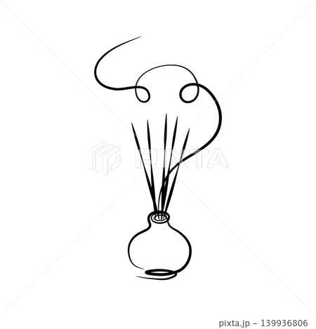 A simple one line art illustration depicts a reed diffuser. Vertical reeds emerge from a vase, with a swirling line above representing the aroma filling a calm space. A simple one line art illustration depicts a reed diffuser. Vertical reeds emerge from a vase, with a swirling line above representing the aroma filling a calm space. 139936806