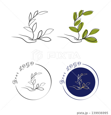 Four artistic logo designs show a continuous line hand gently holding a leafy plant branch. Four artistic logo designs show a continuous line hand gently holding a leafy plant branch. 139936995