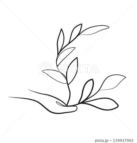 A single human hand gently supports a delicate plant shoot with several leaves. The artwork is rendered in a continuous, flowing black line on a white background, embodying growth and care. A single human hand gently supports a delicate plant shoot with several leaves. The artwork is rendered in a continuous, flowing black line on a white background, embodying growth and care. 139937002