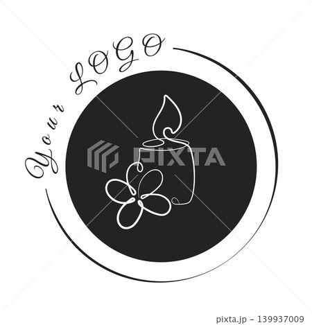 A white one line art drawing of a lit candle and a flower is centered within a black circular shape. 139937009
