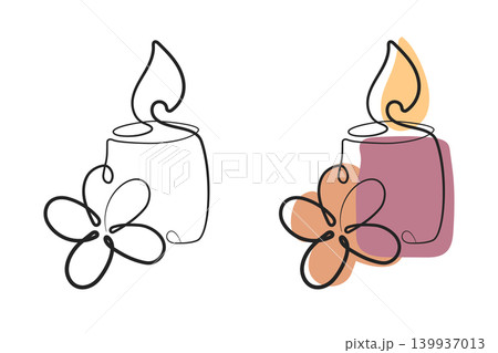 Two single line art illustrations showcase a lit candle alongside a flower. Two single line art illustrations showcase a lit candle alongside a flower. 139937013