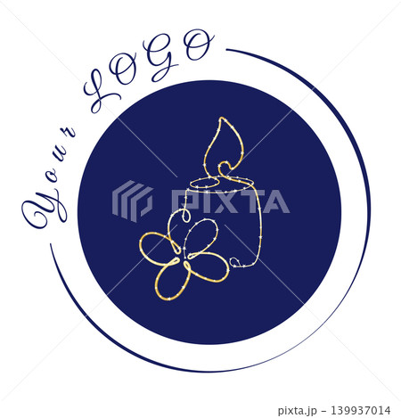 Golden line art depicts a burning candle and a delicate flower inside a dark blue circular frame. This elegant and minimalist design serves as a brand logo, suitable for various products. Golden line art depicts a burning candle and a delicate flower inside a dark blue circular frame. This elegant and minimalist design serves as a brand logo, suitable for various products. 139937014