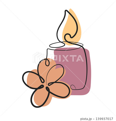 A single continuous line forms an abstract burning candle with a soft flame and a delicate flower on a white backdrop. Muted colors of orange and purple add a calm, modern feel to the art piece. A single continuous line forms an abstract burning candle with a soft flame and a delicate flower on a white backdrop. Muted colors of orange and purple add a calm, modern feel to the art piece. 139937017