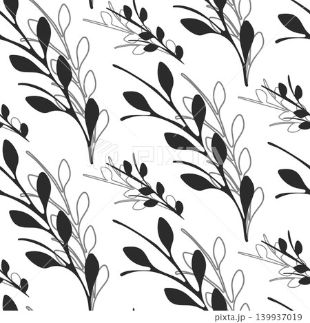 A seamless floral pattern displays repeating elements of abstract branches. Some leaves are solid black, while others are gray outlines on a white background. A seamless floral pattern displays repeating elements of abstract branches. Some leaves are solid black, while others are gray outlines on a white background. 139937019
