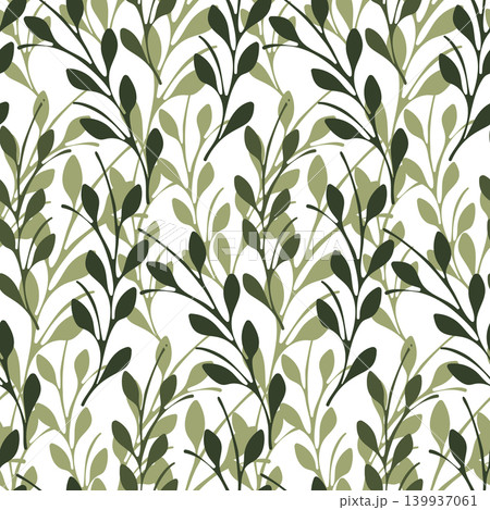 A repeating pattern features stylized green leaves on slender branches. Both dark green and light green foliage are arranged on a white background, creating a fresh, natural design. A repeating pattern features stylized green leaves on slender branches. Both dark green and light green foliage are arranged on a white background, creating a fresh, natural design. 139937061