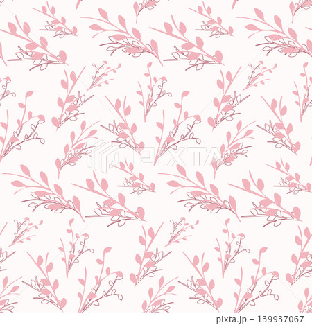 A seamless floral pattern features soft pink leaves on slender branches, repeating across a light background. Some leaves are solid pink, while others are delicate outlines. 139937067